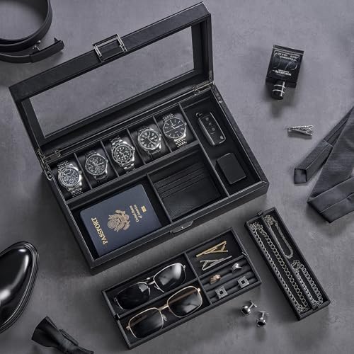 ProCase Men's Jewelry Box, 5-Slot Watch Display Case Jewellry Storage Organizer for Sunglasses Rings Accessories with Hidden Compartment, Watch Holder with Glass Lid -Black - color: Black