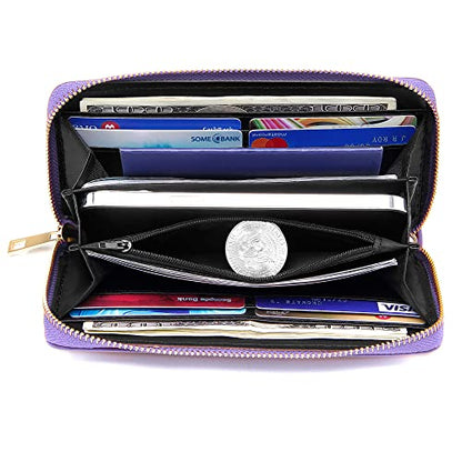 VOCUS Womens Wristlet Wallet Zip Around Clutch Wallet Large RFID Blocking PU Leather Bifold with Phone Holder for Travel - color: Solid Purple