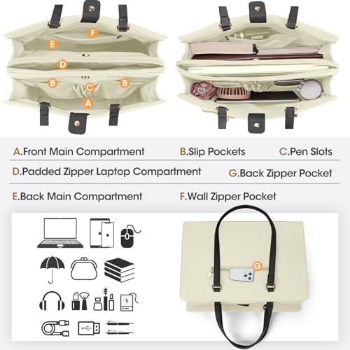 NUBILY Laptop Bag for Women 15.6 inch Leather Work Tote Bag | Waterproof Computer Bag with Bow Large Briefcase with Multi-Pockets Handbag Purse for Business Office Commuting Beige Black - color: Beige Black