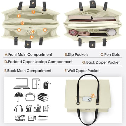NUBILY Laptop Bag for Women 15.6 inch Leather Work Tote Bag | Waterproof Computer Bag with Bow Large Briefcase with Multi-Pockets Handbag Purse for Business Office Commuting Beige Black - color: Beige Black