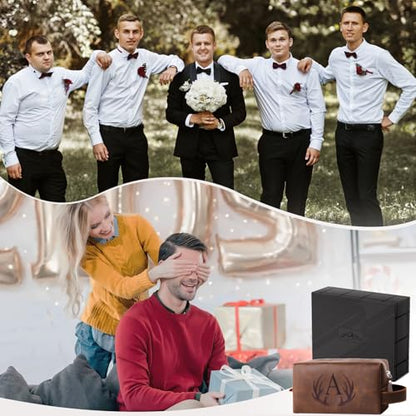 Personalized PU Leather Toiletry Bag for Men Laser-Engraved Initial - color: Dark Brown, style: C