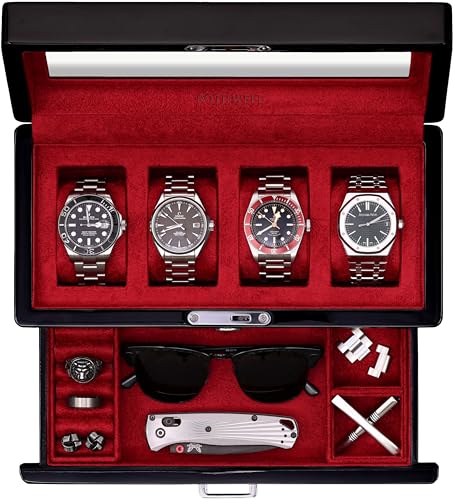 ROTHWELL 4-Slot Piano Black Watch Box with Valet Drawer - Premium Jewelry Display Case Organizer with Locking Glass Top and Microsuede Liner for Men & Women (Red Interior) - color: Piano Black / Red