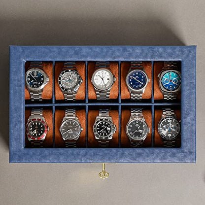 ROTHWELL 10 Slot Leather Watch Box - Luxury Case Display Jewelry Organizer - Locking Watch Display Case Holder with Large Glass Top - Box Organizer for Men and Women (Blue/Tan) - color: Blue / Tan