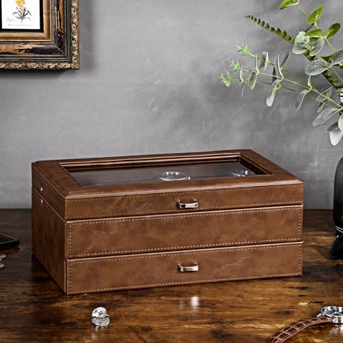 BEWISHOME Watch Cases for Men, 12-Slot Watch Box with Large Glass Lid | 2-Layer Watch Case Organizer with Removable Pillows, Watch Box for Men, Watch Storage, Watch Holder Espresso Lining SSH12Z