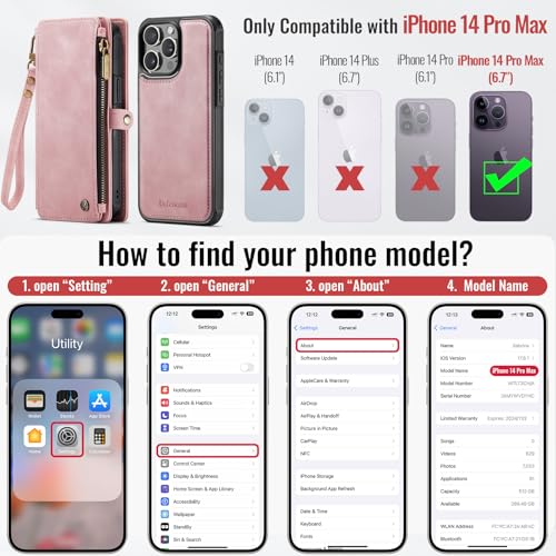 Defencase for iPhone 14 Pro Max Case Wallet Compatible with Magsafe, Pink | Drop-Proof Magnetic Detachable Phone Cases Cover, with RFID Bolcking Card Holder, Zipper Strap, PU Leather, Removable Wallet - color: (Detachable with Magsafe)-Pink