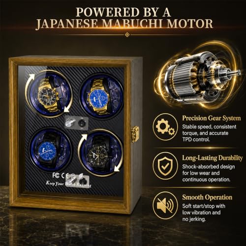 Watch Winder for Automatic Watches, Walnut 4 Slots Winding Watch Box with Japanese Quiet Motor & Blue LED for Rolex and Auto Watches, Wooden Rotating Watch Case Used for Storage, Display & Gift - size: 4 slots