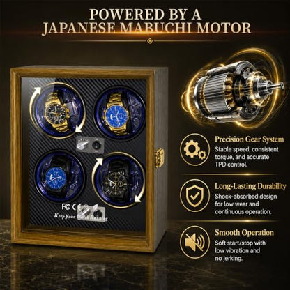 Watch Winder for Automatic Watches, Walnut 4 Slots Winding Watch Box with Japanese Quiet Motor & Blue LED for Rolex and Auto Watches, Wooden Rotating Watch Case Used for Storage, Display & Gift - size: 4 slots
