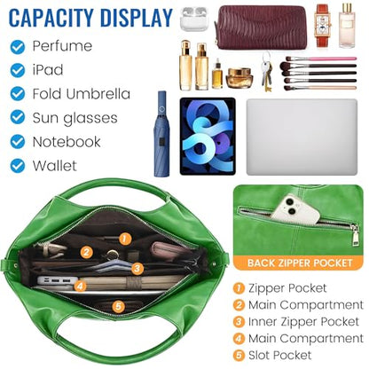 KOGTLA Medium Vegan Leather Purses for Women with Detachable Satchel Strap, Ladies Handbags, Tote Hobo Bags with Two-Handle - color: Green