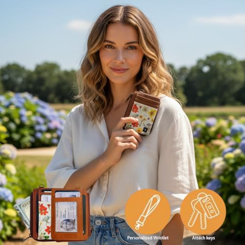 Wallet Rfid Card Holder Credit Cardholder for Women Men Thin Pocket Card Case Small Slim Minimalist Keychain Wristlet Wallets Leather (Flowers 2) - color: Flowers 2