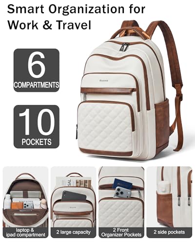 Bluome Work Backpack for Women Men, Laptop Vegan Leather Backpack Purse with 15.6–17 Inch Laptop, Multi-Pocket Bookbag for Office Travel Gym Weekend Overnight Bag, Beige - color: Beige