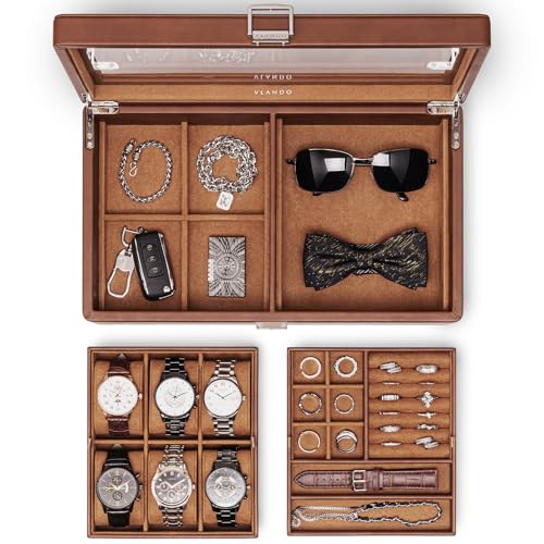 VLANDO Watch Box,Faux Leather Watch Case for Men,Rings Bracelet, Sunglasses, Watch Strap Storage Box Brown - color: Brawn
