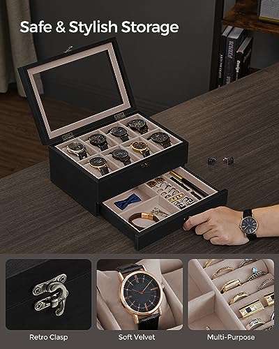 SONGMICS 8-Slot Watch Box, 2-Tier Watch Display Case with Large Glass Lid, Removable Pillows, Velvet Lining, Jewelry Box, Gift Idea, Ebony Black UJOW008B01 - color: Ebony Black, size: 2 Layer 8 Slot