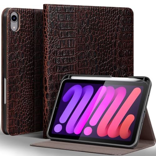 Gexmil Leather Case for iPad mini 7 A17 Pro/iPad mini 6 Gen 8.3 Inch | Genuine Leather Cover for iPad Mini 2024/2021,Pencil Holder,Protective Smart Folio,Auto Sleep/Wake,Crocodile Dark Brown - color: Brown Crocodile