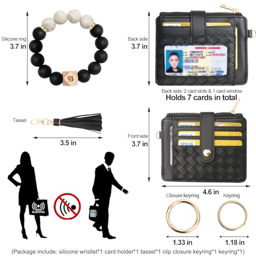 COOLANS Silicone Bracelet Wristlet Wallet Credit Card Holder RFID ID Window Key Ring Tassel Slim Wallet Women Keychain Purse - color: 블랙 실리콘 비즈 팔찌+카드 지갑
