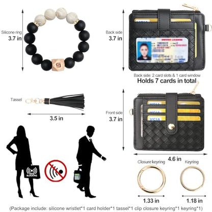 COOLANS Silicone Bracelet Wristlet Wallet Credit Card Holder RFID ID Window Key Ring Tassel Slim Wallet Women Keychain Purse - color: 블랙 실리콘 비즈 팔찌+카드 지갑