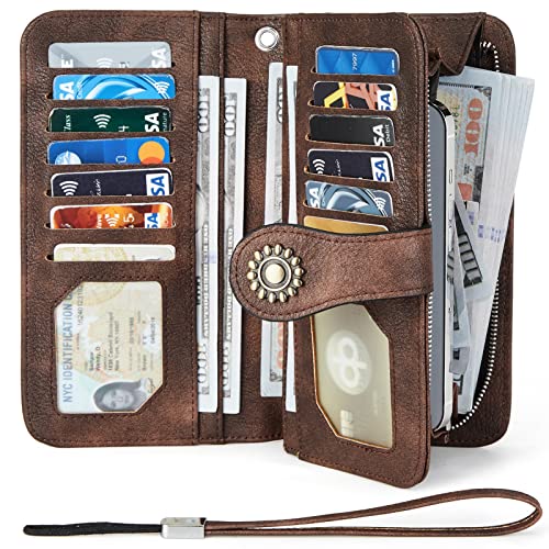 BOSTANTEN Leather Wallets for Women RFID Blocking Wristlet Clutch Purse | 13 Card Slots, Phone ＆ Card Holder, Large Capacity, Long Bifold, Zipper Coin Pocket, Ladies Gifts, Coffee - color: 1-1-coffee-rg