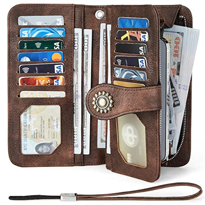 BOSTANTEN Leather Wallets for Women RFID Blocking Wristlet Clutch Purse | 13 Card Slots, Phone ＆ Card Holder, Large Capacity, Long Bifold, Zipper Coin Pocket, Ladies Gifts, Coffee - color: 1-1-coffee-rg