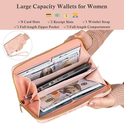 Womens Wallet RFID Wristlet Wallet for Women Cute Floral Leather Credit Card Holder Wallet Ladies Clutch Long Purses - color: A01-black