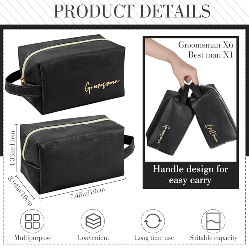 7 Sets Man Best Man Toiletry Bag Wedding Gift with Zipper, Black | Best Man Cosmetic Bags for Best Man, with Bowknot Greeting Card, PU Leather, for Proposal Party, Engagement Accessories