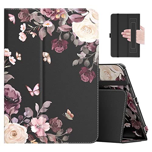 MoKo Case Fits Kindle Fire HD 8 & 8 Plus Tablet 8", Purple Flowers on Black | Slim Folding Stand Cover for Fire HD 8 12th/10th Gen, 2024/2022/2020, Auto Wake/Sleep, Hand Strap, Dual Angle, Pen Loop - color: purple flowers on black