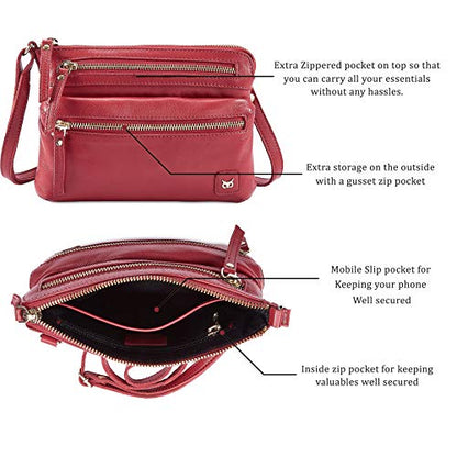 Small Leather Crossbody Bag for Women Adjustable Sling Purse Multi Pocket - color: Red Nappa