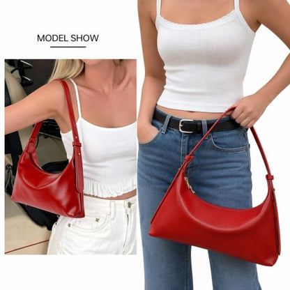 Small Shoulder Bag Soft Leather Hobo Underarm Purse for Women | Adjustable Strap,Premium Faux Leather,1 Inner Slot Pocket,1 Zippered Pocket,Use for Travel or Going Out - color: Red
