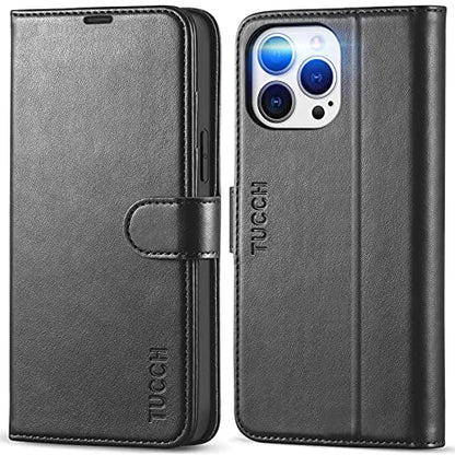 TUCCH Wallet Case for iPhone 13 Pro Max (6.7") 2021, 4 Card Holders, Black | RFID Blocking, Viewing Stand, Shockproof TPU Shell, PU Leather, Magnetic Closure, Protective Folio Flip Cover - color: Black