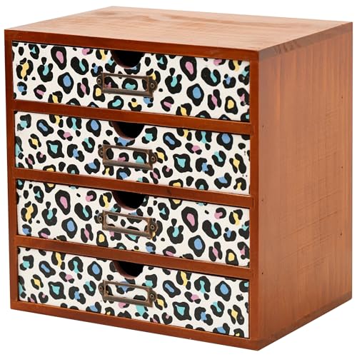 Colorful Leopard Print Wooden Desk Organizer - 4-Drawer Desktop Storage Cabinet for Office Supplies, Craft Tools & Home Organization - Trendy Wood Design for Crafters, Art Enthusiasts, Students - color: Multi-Color Leopard