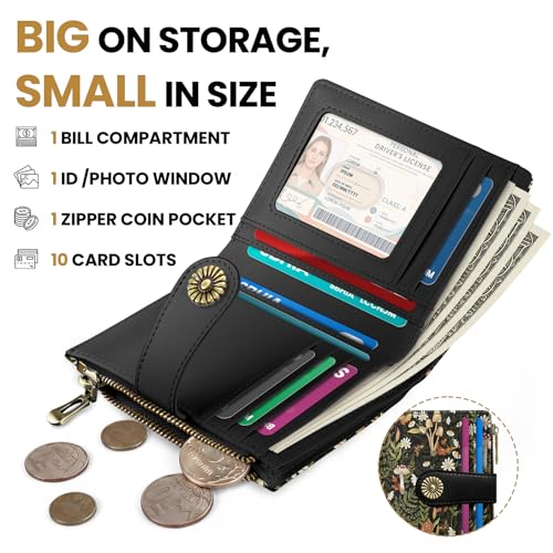 Small Wallet for Women, RFID Blocking Bifold Card Holder Wallet with 10 Card Slots, Cash Compartment, Zipper Coin Pocket & ID Window, Cute Soft Vegan Leather Compact Wallet, Mushroom - color: R.Mushroom