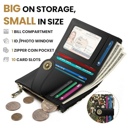 Small Wallet for Women, RFID Blocking Bifold Card Holder Wallet with 10 Card Slots, Cash Compartment, Zipper Coin Pocket & ID Window, Cute Soft Vegan Leather Compact Wallet, Mushroom - color: R.Mushroom