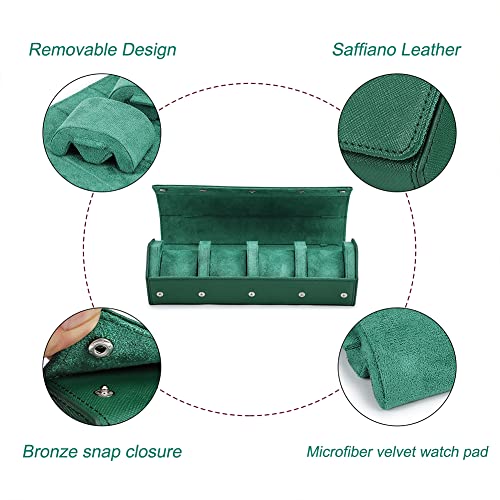 Hiram Genuine Leather Saffiano Leather Watch Roll Travel Case, Leather 4-Watches Roll Case for Treasured Watches and Bracelets(Green) - color: Green, size: 4-slots