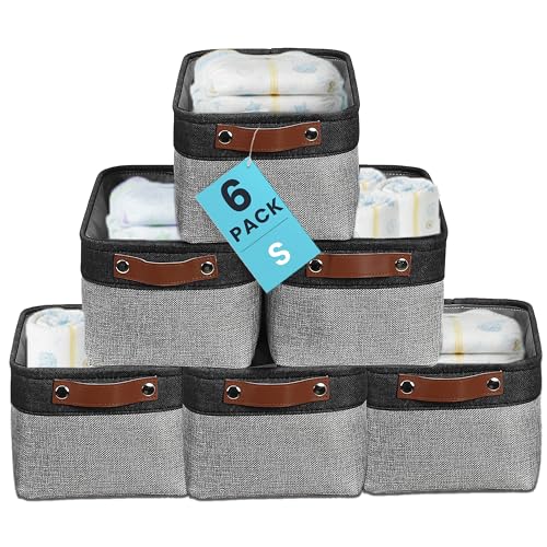 OrganiHaus 12x8in Canvas Storage Baskets, 6 Pack - Fabric Bins for Shelves | Vegan leather handles; a decorative pantry and office organizer, container for desk and books - color: Gray / Black, size: Small - 6pc