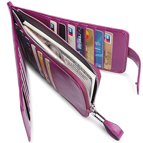 Women's Genuine Leather Credit Card Holder RFID Long Zipper Purse Wallet - color: Purple