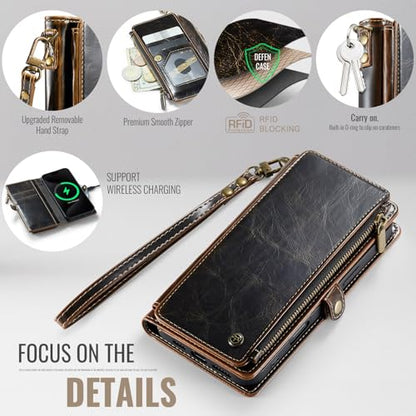 Defencase for iPhone 16 Wallet Case with RFID Blocking Card Holder, Coffee | Durable Soft PU Leather, with Zipper Pocket, Wrist Strap, Fashion Snap Flip Phone Cases Cover with Stand for Women and Men - color: Coffee