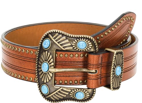 Adjustable Vintage Western-Belts for Women Men Engraved Buckle-Belts Cowboy-Cowgirl-Belt (Waist for 29"-39") - color: Small Turquoise Brown Western Belt
