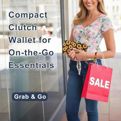 RFID Wallet for Women with Cellphone Pocket - Double Zipper Wristlet Purse Large Capacity, 17 Card Slots, Coin Pocket, Sunflower Print - color: Sunflower