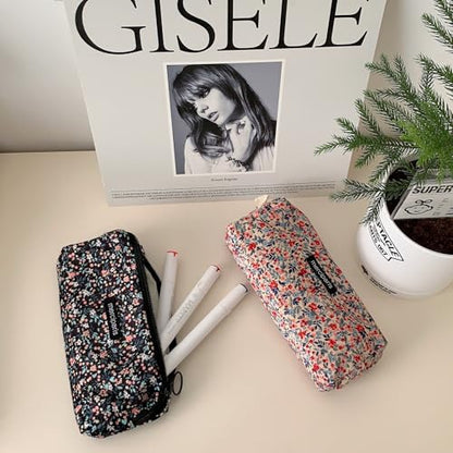 Flower Prints Pencil Pen Pouch Purse Bag Cosmetic Case Organizer Soft Cotton Canvas (GR) - color: GR