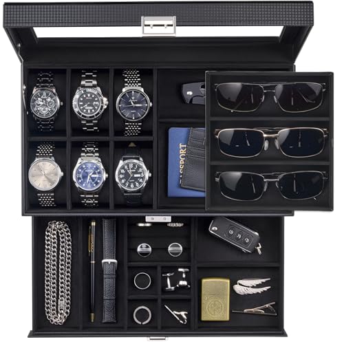 ProCase Mens Jewelry Box,6 Slot Watch Box & 3 Slot Sunglass Holder-AllBlack | 2-layer Lockable Sunglasses Jewelry Organizer Storage for Men, Watch Display Case with Drawer, Clear Lid, Father Gift - color: AllBlack