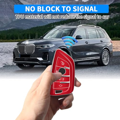QBUC for BMW Key Fob Cover with Leather Keychain | for BMW 2 5 6 7 Series X1 X2 X3 X5 X6 X7 Premium Soft TPU Key Fob Holder (1-Red) - color: 1-Red