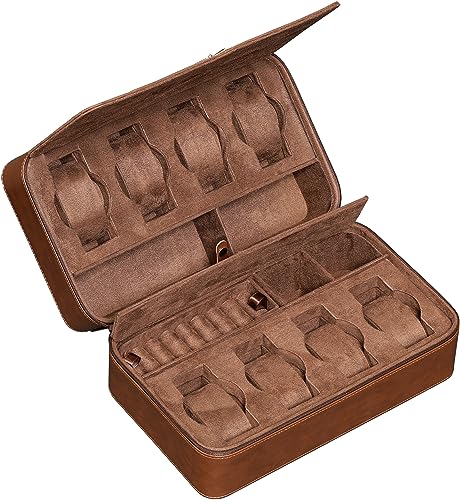 ROTHWELL 8 Watch Travel Case Storage Organizer for 8 Watches, Sunglasses, Rings & Cufflinks |Tough Portable Protection with Zipper Fits Most Wristwatches & Smart Watches Up to 50mm (Tan/Brown) - color: Tan/Brown