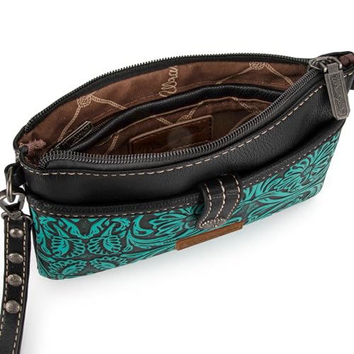 Wrangler Western Cowhide Crossbody Bags for Women Clutch Wristlet Purse - color: Tooling-black