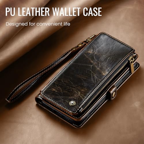 Defencase for iPhone 16 Wallet Case with RFID Blocking Card Holder, Coffee | Durable Soft PU Leather, with Zipper Pocket, Wrist Strap, Fashion Snap Flip Phone Cases Cover with Stand for Women and Men - color: Coffee
