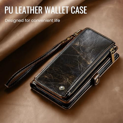 Defencase for iPhone 16 Wallet Case with RFID Blocking Card Holder, Coffee | Durable Soft PU Leather, with Zipper Pocket, Wrist Strap, Fashion Snap Flip Phone Cases Cover with Stand for Women and Men - color: Coffee