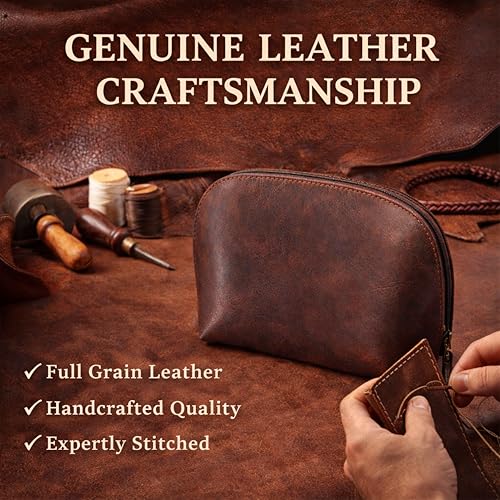 Genuine Leather Toiletry Bag for Men & Women, Leather Makeup Bag, Travel Dopp Kit Organizer with YKK Zipper, Handmade Cosmetics Case for Toiletries & Makeup (9 x 6 x 4 Inch) - color: Brown