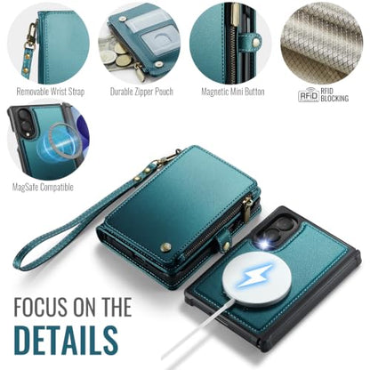 Defencase for Galaxy Z Fold 8 Case Wallet Compatible with Magsafe, Green | Magnetic Detachable, RFID Bolcking Card Holder, Zipper, PU Leather, Drop-Proof Phone Cases Cover for Samsung Galaxy Z Fold 8 - color: (Detachable with Magsafe)-Blue Green