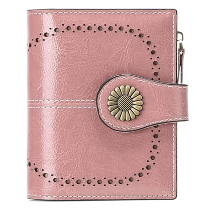 SENDEFN Small Womens Wallet Leather Bifold Card Holder RFID Blocking with Zipper Coin Pocket - color: 1-Wax-A-Pink