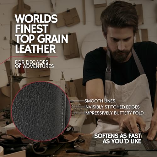 BULL GUARD Best Leather Men's RFID Trifold Wallet With ID Great Outdoor Wallet Durable Top Grain Leather Forest Brown, Double Cash Comparment with Secret Pocket, Compact & Secure Design, In Gift Box - color: Mountain Black - Pebble Stone Black