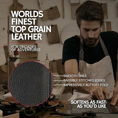 BULL GUARD Best Leather Men's RFID Trifold Wallet With ID Great Outdoor Wallet Durable Top Grain Leather Forest Brown, Double Cash Comparment with Secret Pocket, Compact & Secure Design, In Gift Box - color: Mountain Black - Pebble Stone Black