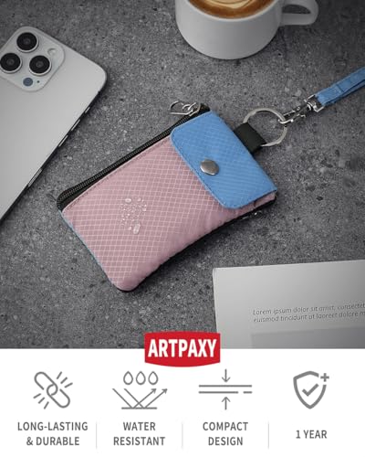 Artpaxy Minimalist Wallet For Mens Womens, Keychain RFID Blocking Zipper Small Wallet with ID Window 2 Lanyards,Water Resistant Travel Cash Card Coin Case Boys Girls - color: Light pink purple+Light blue