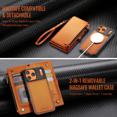 Defencase for iPhone 17 Pro Case Wallet Compatible with Magsafe, Orange | Drop-Proof Magnetic Detachable Phone Cases Cover, with RFID Bolcking Card Holder, Zipper Strap, PU Leather, Removable Wallet - color: (Detachable with Magsafe)-Orange